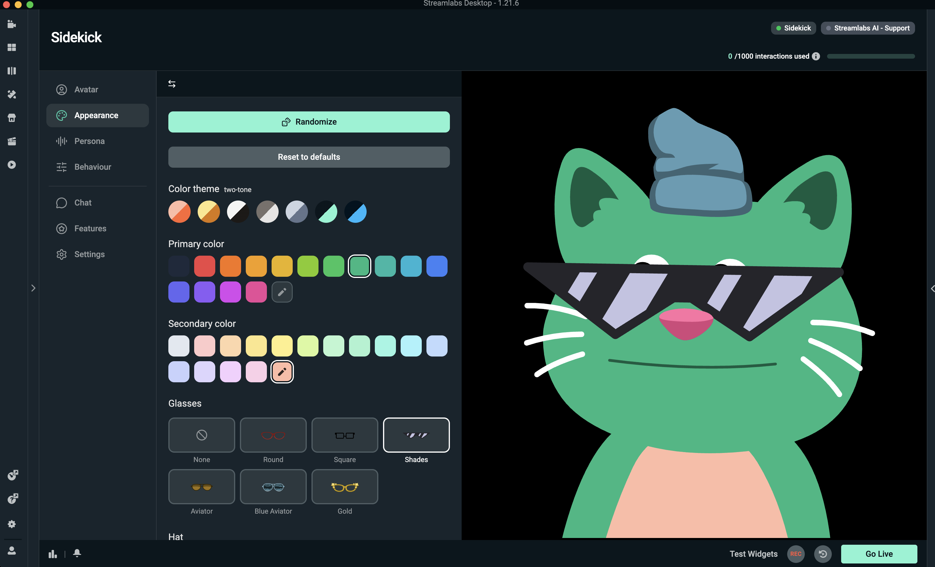 Appearance Tab in Sidekick App where you can choose colors, glasses and hats for your avatar.
